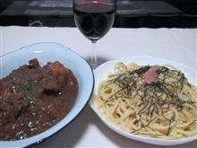 今日のディナーは、スマ僧手作り、たらこスパゲッティー＆ビーフシチュー