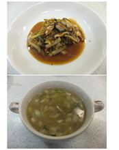 メカジキのステーキ白菜と椎茸のせ、中華スープ