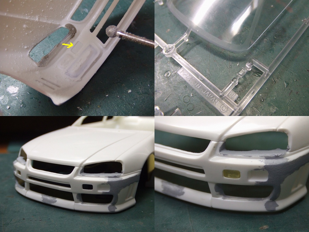 フジミ R34　BNスポーツエアロ　フェンダー叩き出し　制作途中　ジャンク フジミ R34スカイライン 25GTターボ フルエアロ 製作記③｜轗軻