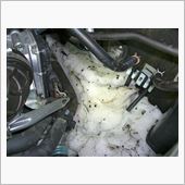 エンジンルームに雪がいっぱい ...
