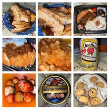 煮魚＋チキンカツ＋ジムビーム＋いちご。
