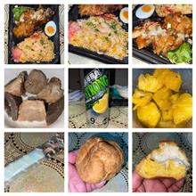 炒飯＋油淋鶏＋里芋の煮物＋ストロング＋パイナップル＋シュークリーム。