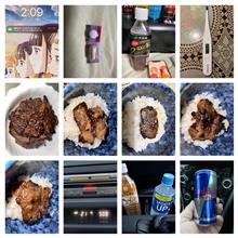 カルビ＋ハラミの塩にんにく焼肉＋スポーツアップ＋引き立てカフェオレ＋レッドブル。