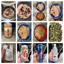 赤飯＋ニラ卵＋血圧計＋レッドブル＋アメリカンカフェオレ。