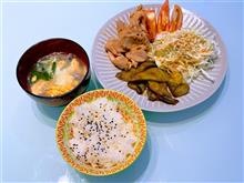 今晩のおうちご飯　～豚肉しょうが焼き、ナス炒め、ニラ玉しらたき中華スープ～作りました