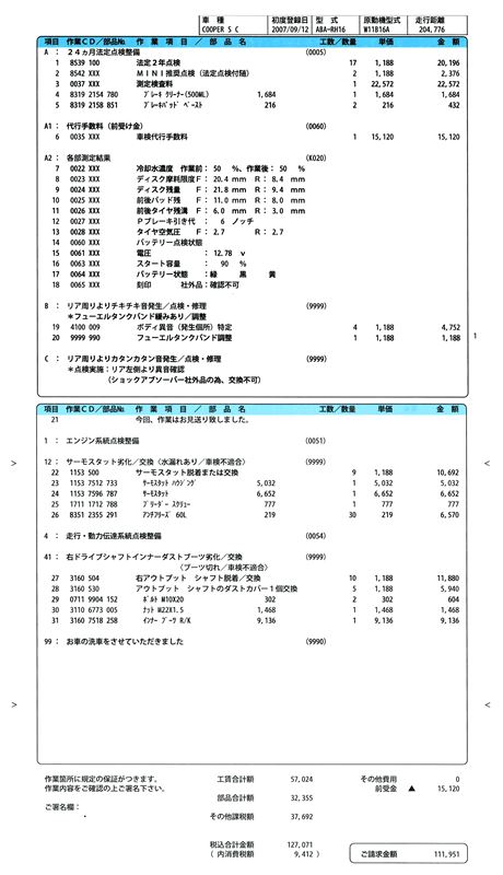 7年目3度目車検 214800km 正規ディーラー明細 ミニ Mini By 妖怪横歩き Miniを弄って32万 みんカラ