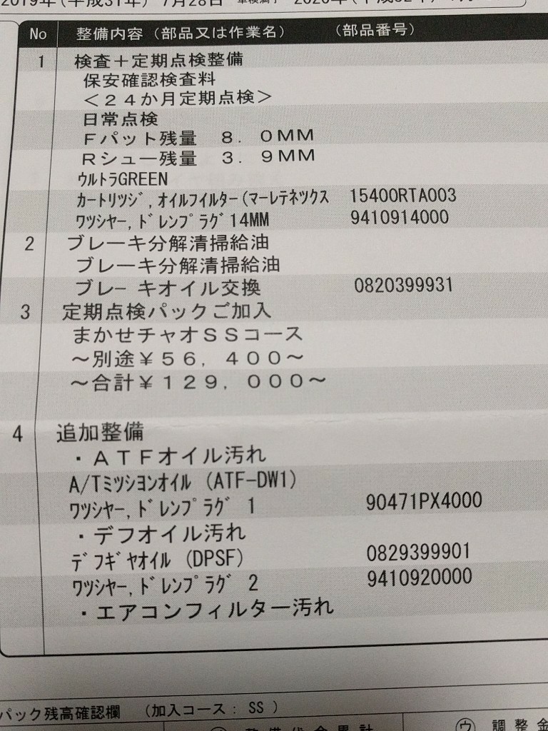 備忘録として<br />
<br />
オイル系、フィルター系はすべて交換