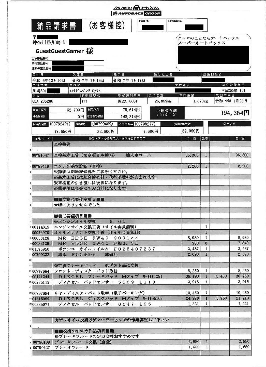 7年目の車検（メルセデスAMG Cクラス ステーションワゴン・S205