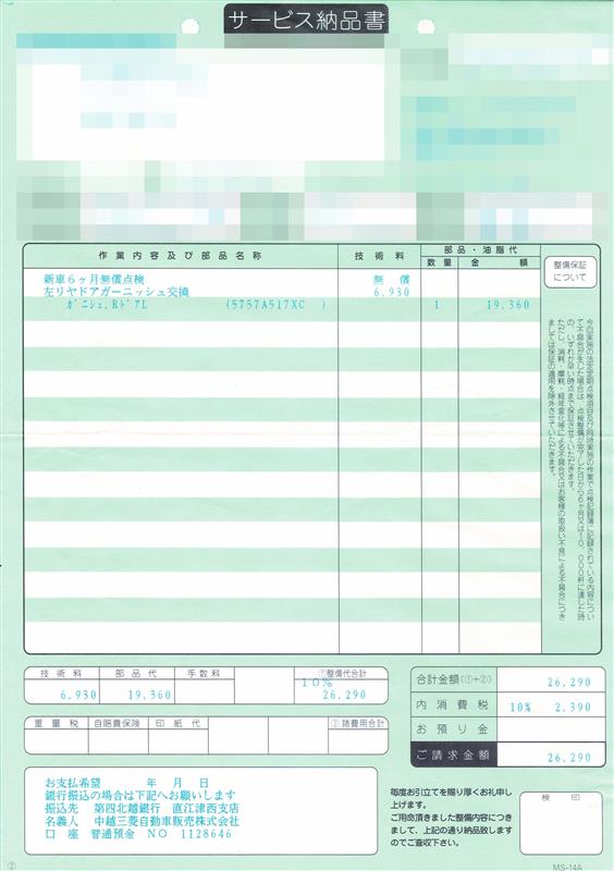 6ヶ月無料点検＋アンダーガーニッシュ交換(6,081km)